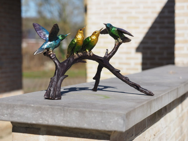 Bronzen beeld 4 vogels op tak 43x23x23cm