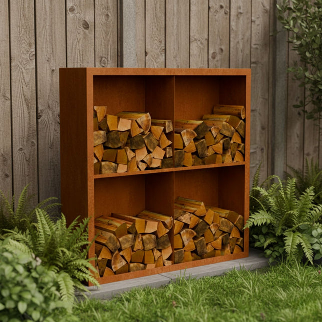 Cortenstalen houtopslag met 4 Vakken met achterwand 150x38,5x150 cm