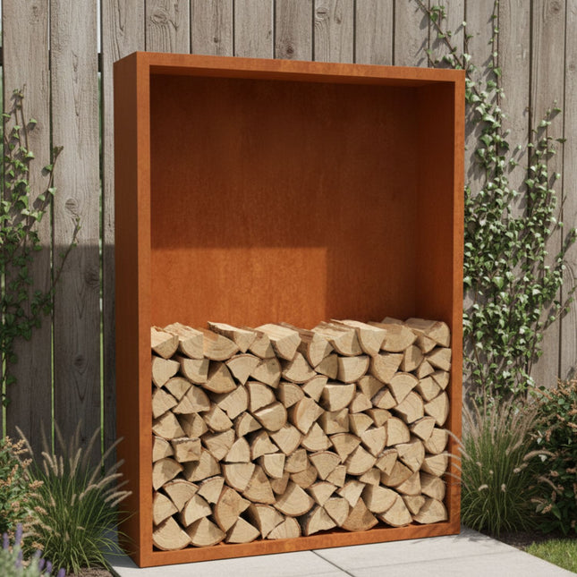 Cortenstalen houtopslag met achterwand 150x38.5x200 cm