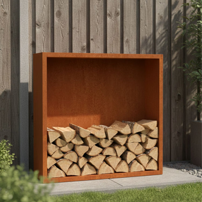Cortenstalen houtopslag met achterwand 150x38,5x150 cm