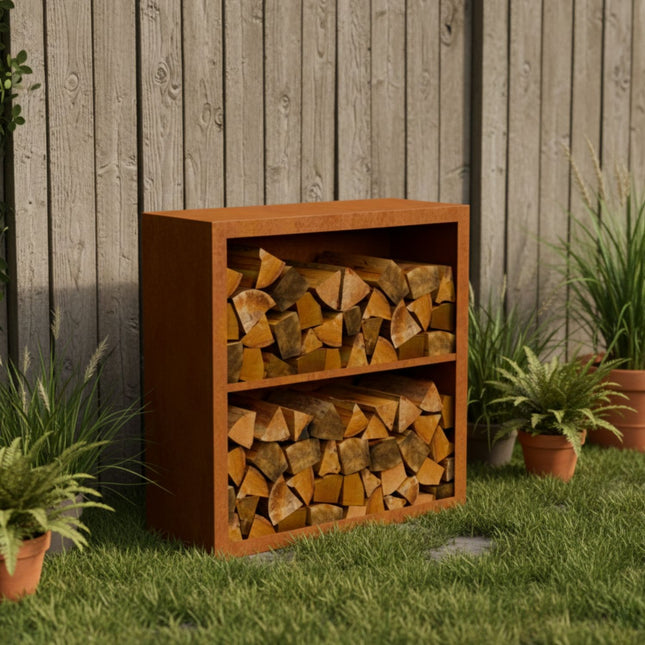 Cortenstalen houtopslag met 2 Vakken met achterwand 100x38,5x100 cm