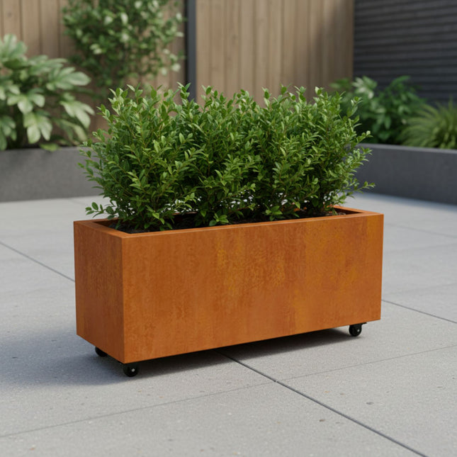 Langwerpige cortenstalen plantenbak met wielen 100x40x40 cm