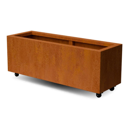 Langwerpige cortenstalen plantenbak met wielen 120x40x40 cm