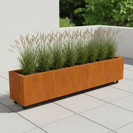 Langwerpige cortenstalen plantenbak met wielen 200x40x40 cm