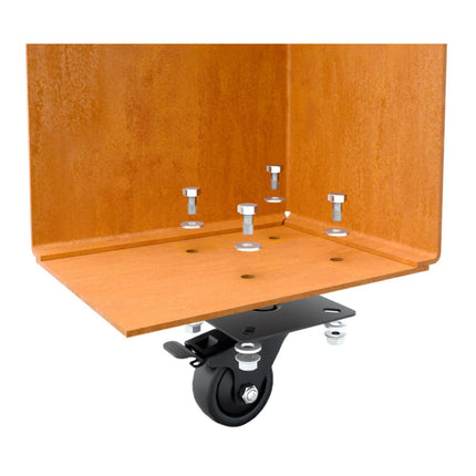 Langwerpige cortenstalen plantenbak met wielen 200x40x80 cm