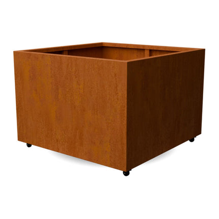 Vierkante cortenstalen plantenbak met wielen 120x120x80 cm