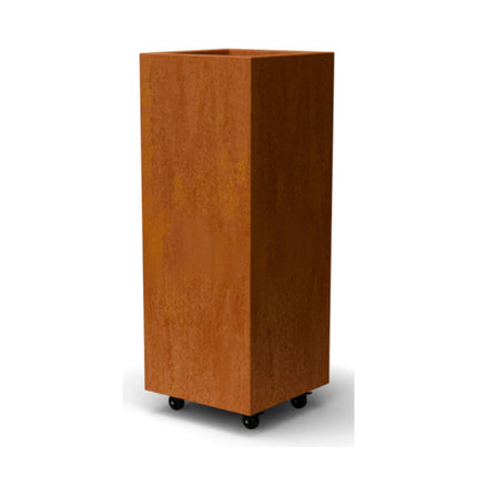 Vierkante cortenstalen plantenbak met wielen 40x40x100 cm