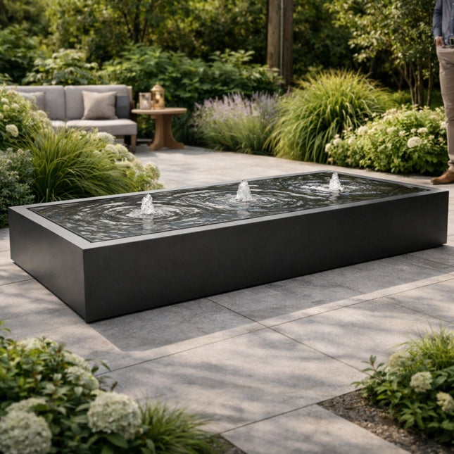 Langwerpige aluminium watertafel met fonteinen 300x120x40cm 88kg - Gitzwart (RAL 9005) - Doika - Watertafel - Geroba -  - TaulaAA5