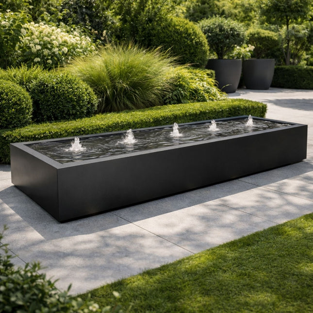 Langwerpige aluminium watertafel met fonteinen 400x100x40cm 103kg - Gitzwart (RAL 9005) - Doika - Watertafel - Geroba -  - TaulaAA4
