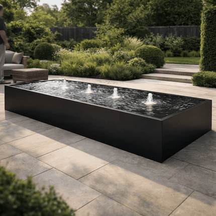 Langwerpige aluminium watertafel met fonteinen 400x150x40cm 130kg - Gitzwart (RAL 9005) - Doika - Watertafel - Geroba -  - TaulaAA3