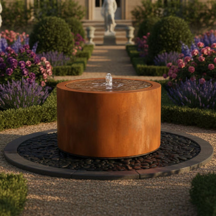 Ronde cortenstalen watertafel met fontein 100x70cm 98kg - Doika - Watertafel - Geroba -  - TaulaRCA2