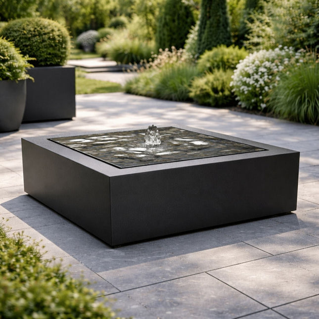 Vierkante aluminium watertafel met fontein 100x100x40cm 36kg - Gitzwart (RAL 9005) - Doika - Watertafel - Geroba -  - TaulaQA2