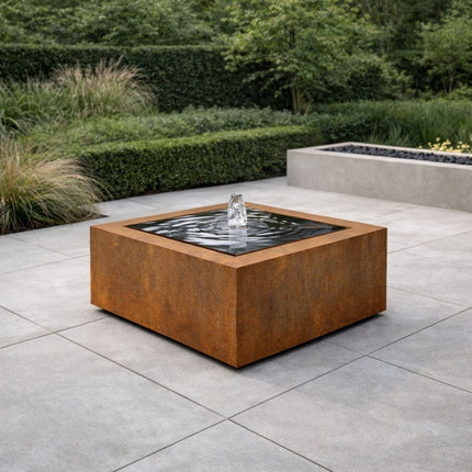 Vierkante cortenstalen watertafel met fontein 80x80x40cm 50kg - Doika - Watertafel - Geroba -  - TaulaQC3